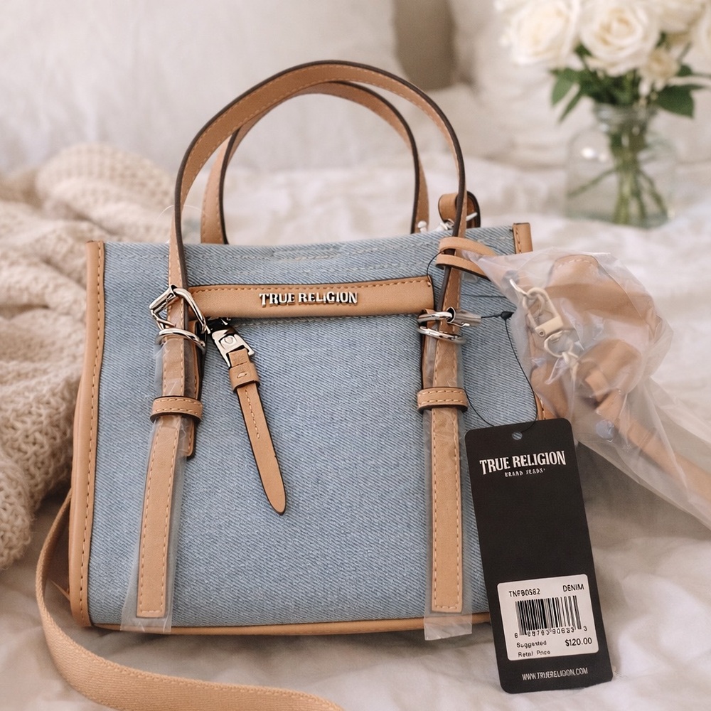 True Religion Light Blue Denim Satchel with Tan Trim
